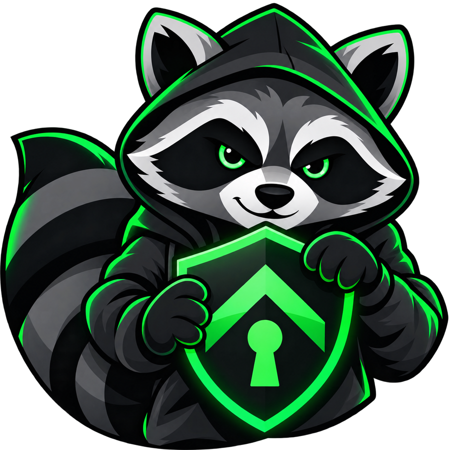 The SupiVPN raccoon in a dark hood, holding a bright green shield with a lock.